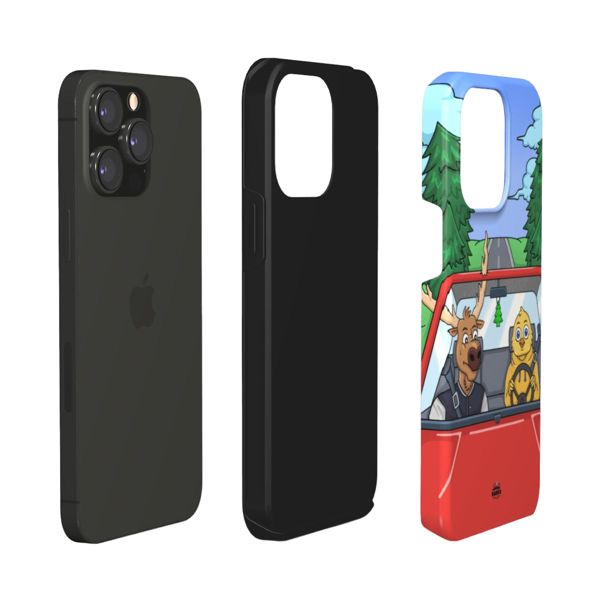iphone tough case of animated moose teaching a young chick how to drive, layered view
