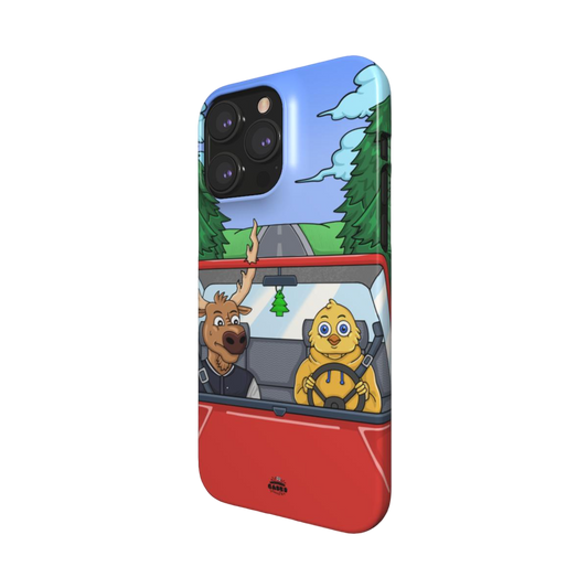 iphone snap case of animated moose teaching a young chick how to drive, side view