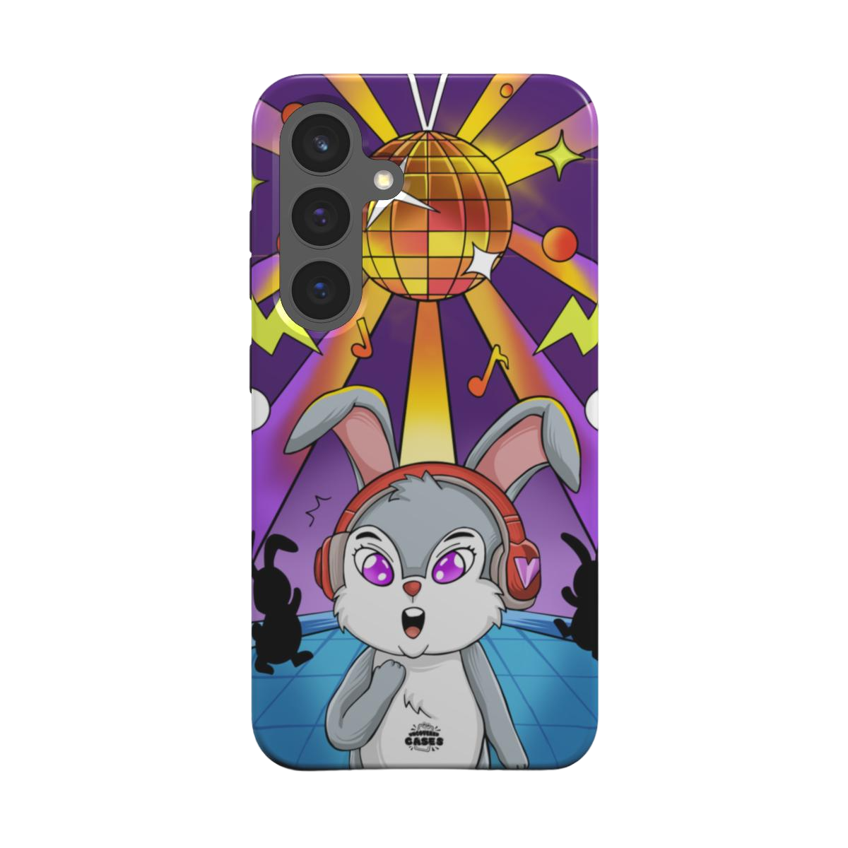 samsung tough case of animated bunny wearing headphones at the silent disco, back view