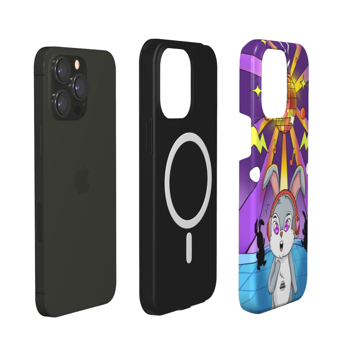 iphone magsafe case of animated bunny wearing headphones at the silent disco, layered view