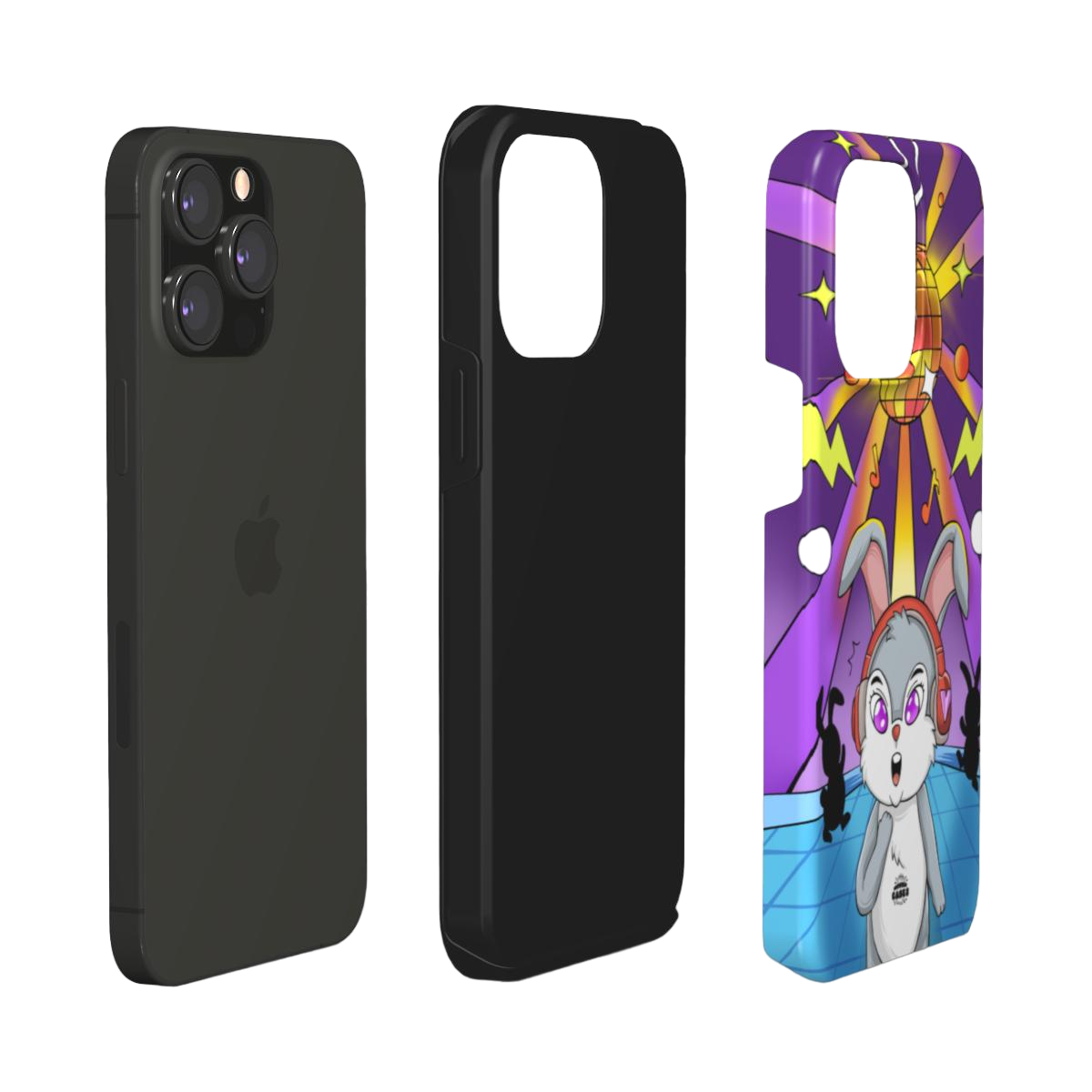 iphone tough case of animated bunny wearing headphones at the silent disco, layered view