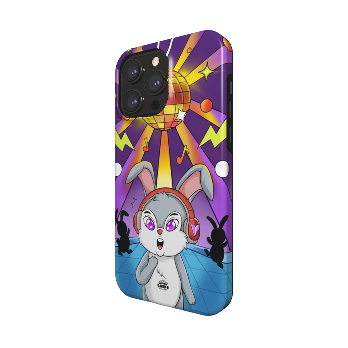 iphone magsafe case of animated bunny wearing headphones at the silent disco, side view