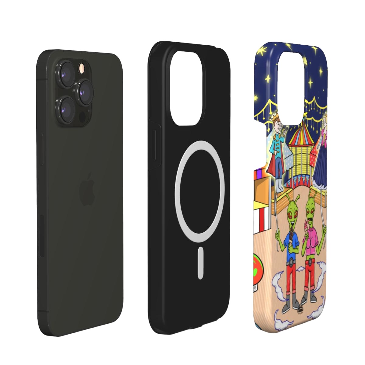 iphone magsafe case of animated aliens eating ice cream and holding princess and prince shaped balloons, layered view