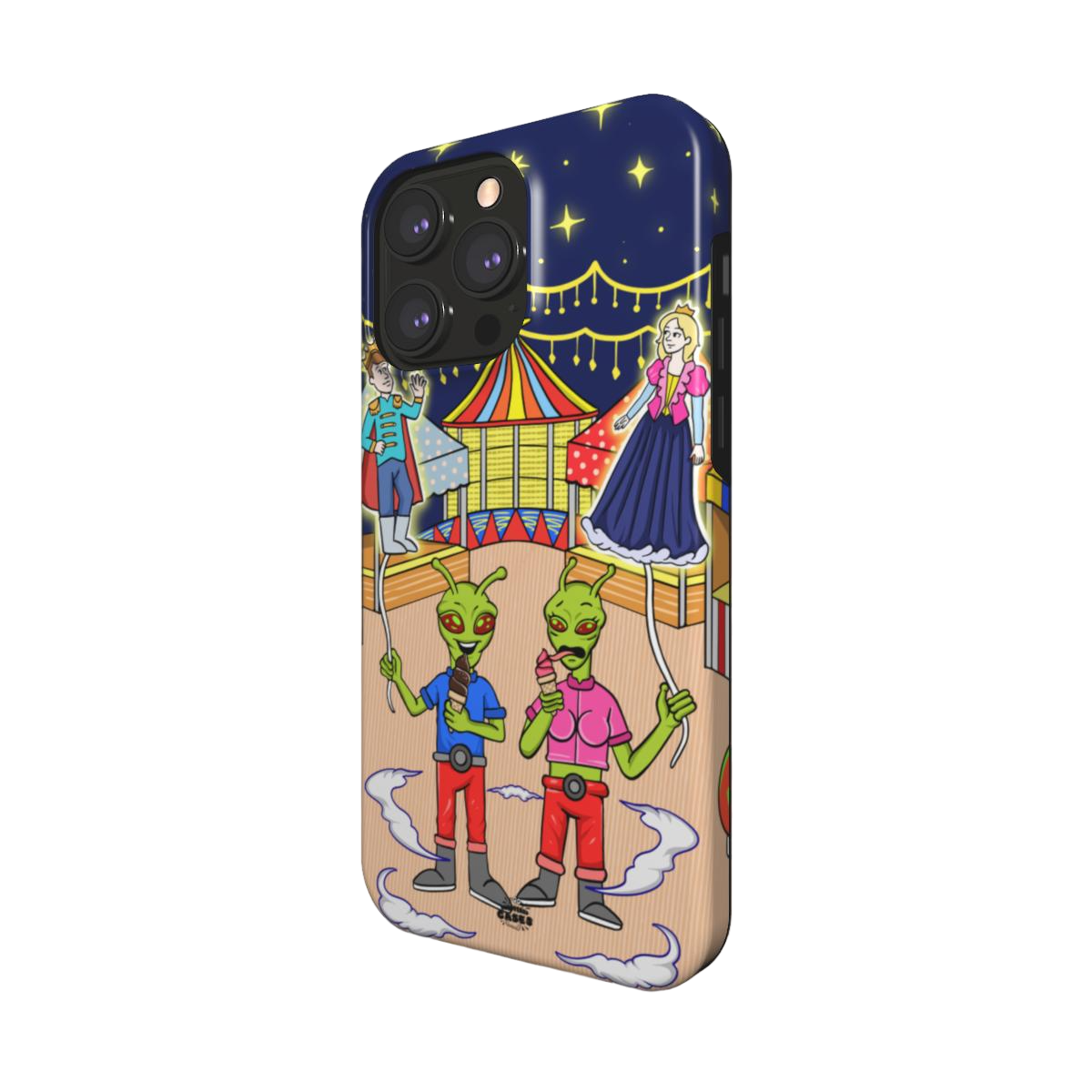 iphone magsafe case of animated aliens eating ice cream and holding princess and prince shaped balloons, side view