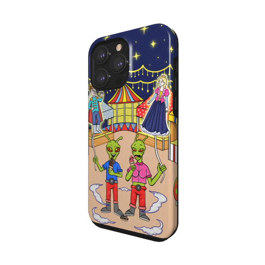 iphone snap case of animated aliens eating ice cream and holding princess and prince shaped balloons, side view