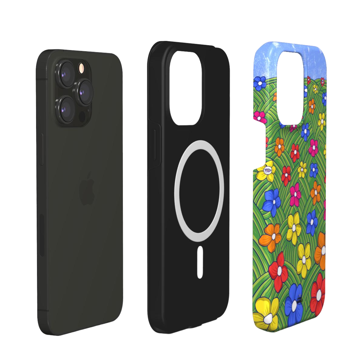 iphone magsafe case of animated colorful flower field, layered view