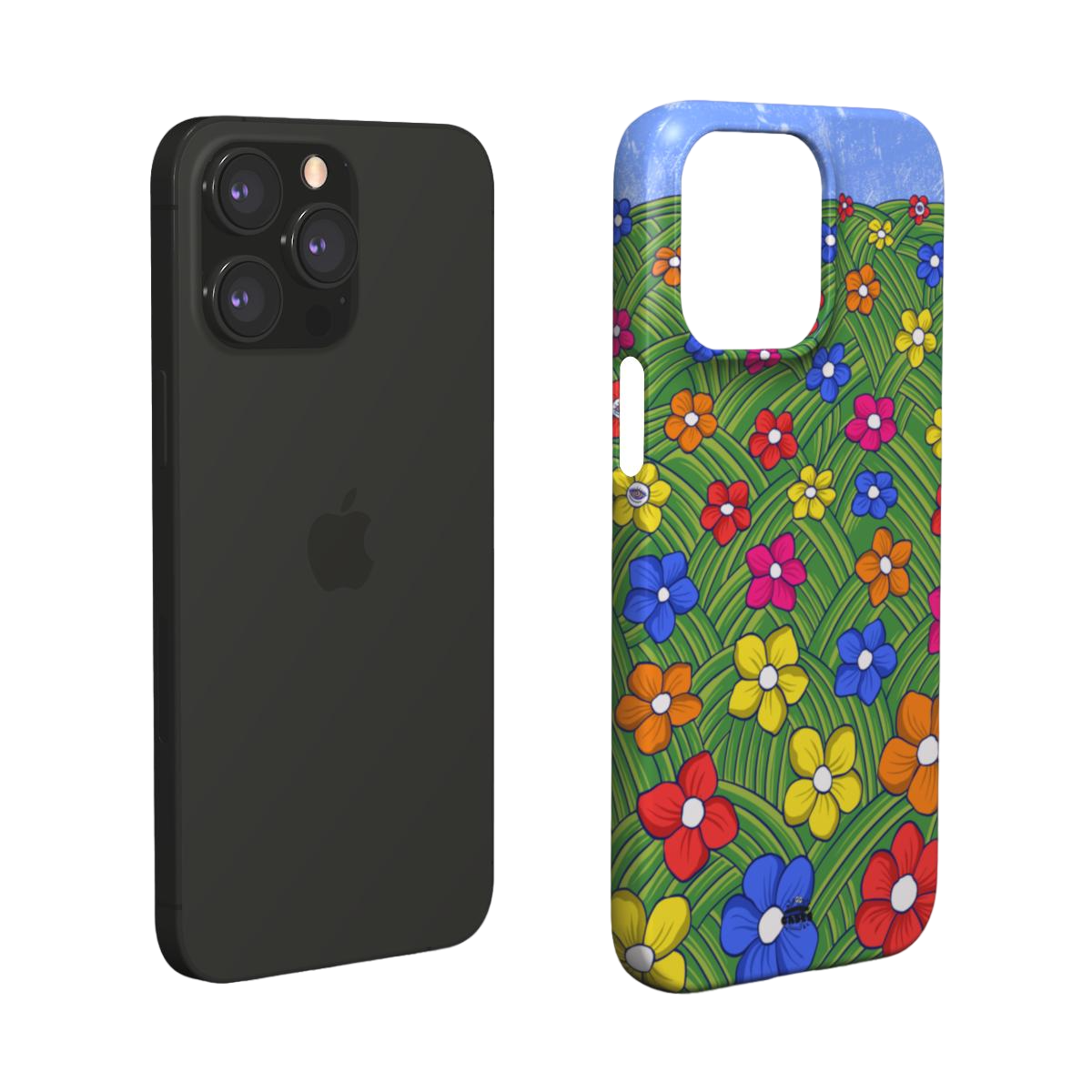 iphone snap case of animated colorful flower field, layered view