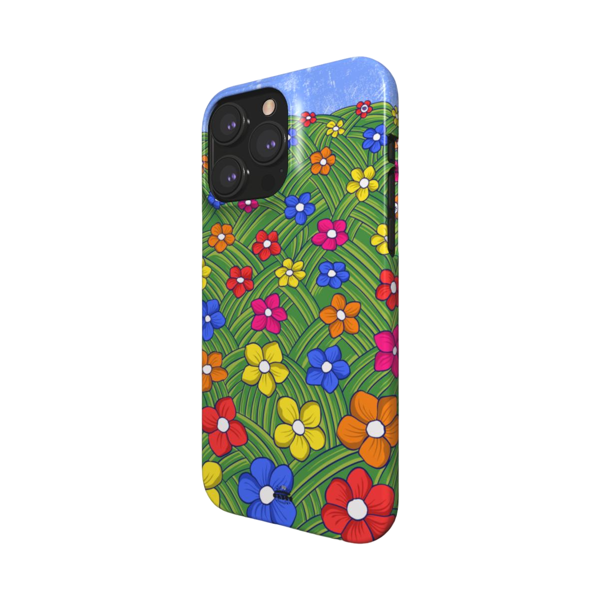 iphone snap case of animated colorful flower field, side view