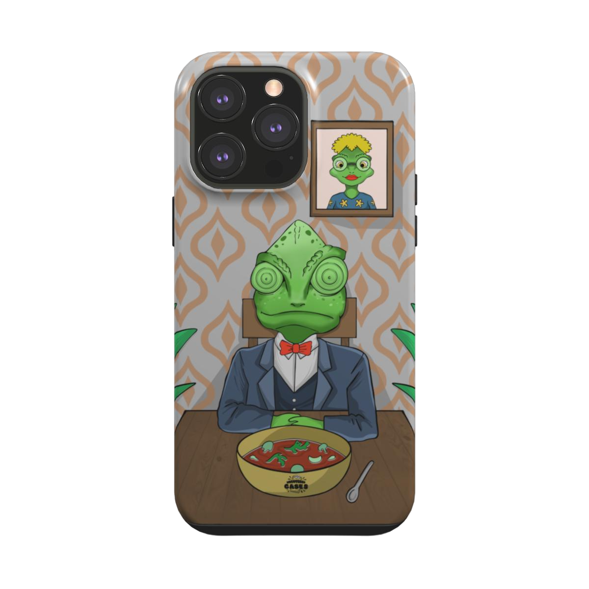 iphone tough case of animated chameleon wearing a costume at the dinner table, back view