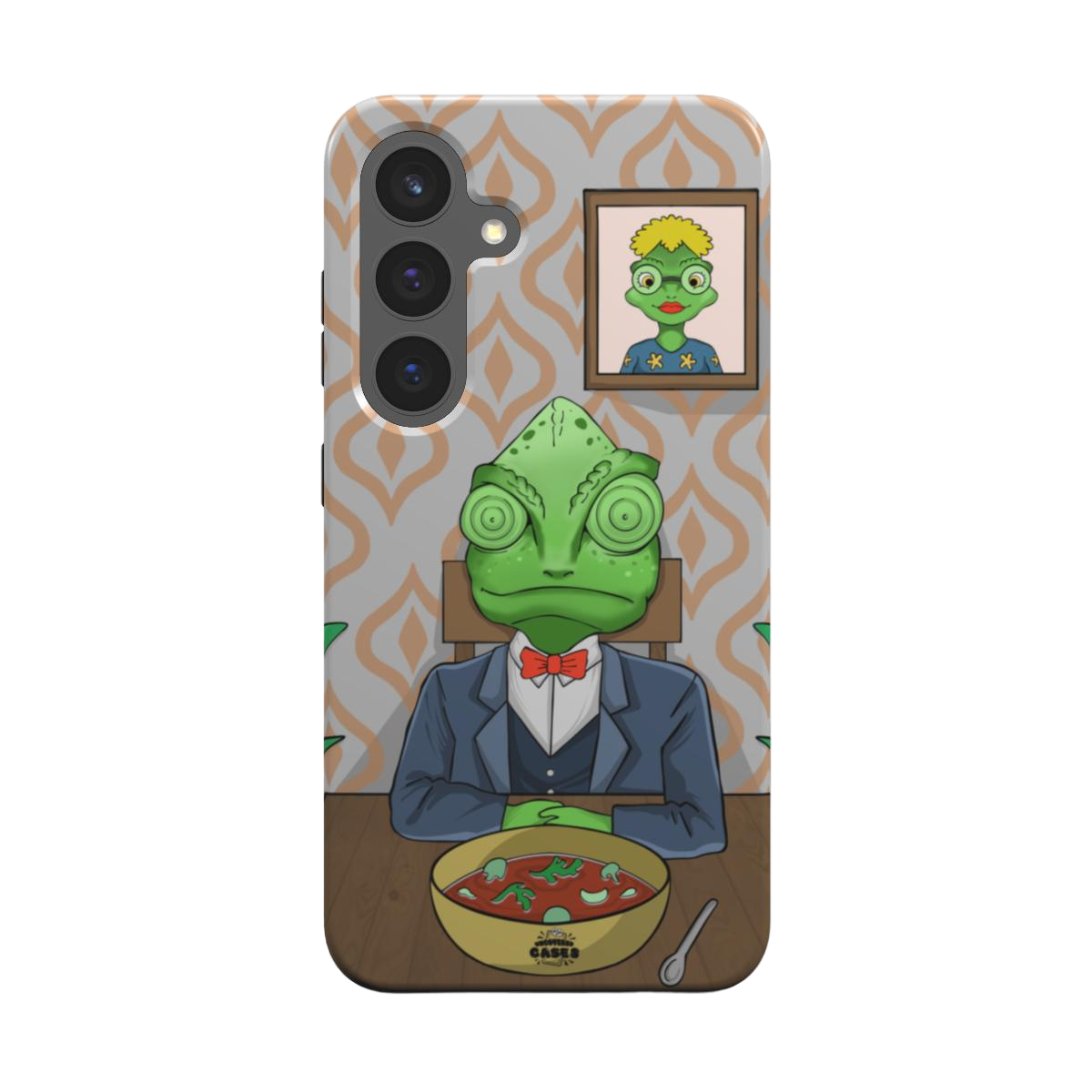 samsung tough case of animated chameleon wearing a costume at the dinner table, back view