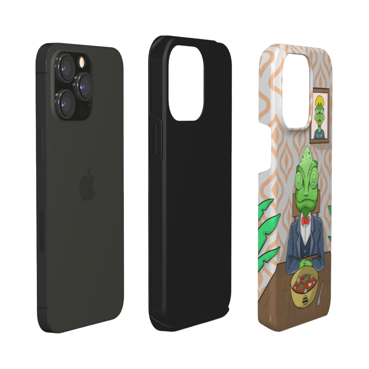iphone tough case of animated chameleon wearing a costume at the dinner table, layered view