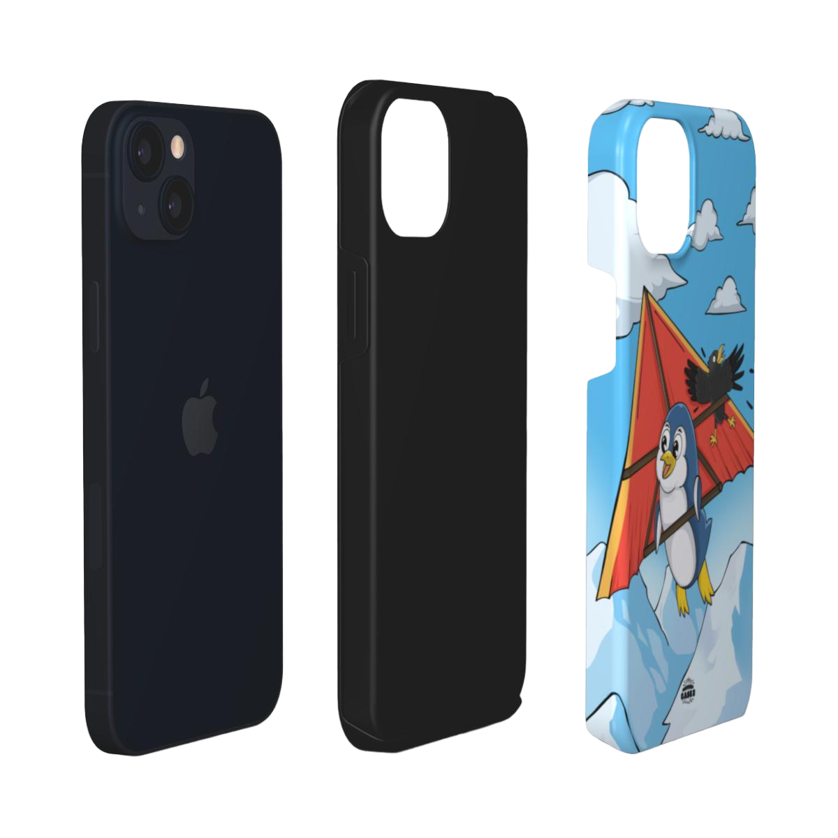 iphone tough case of animated penguin trying to paraglide down the mountain, layered view