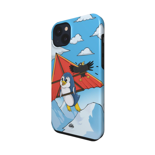 iphone tough case of animated penguin trying to paraglide down the mountain, side view