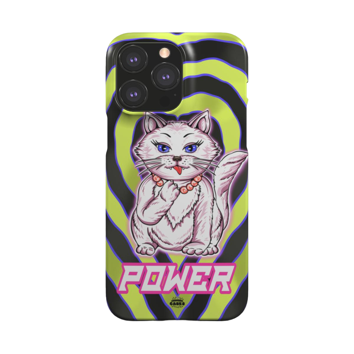 iphone snap case of animated white cat licking her paws, back view
