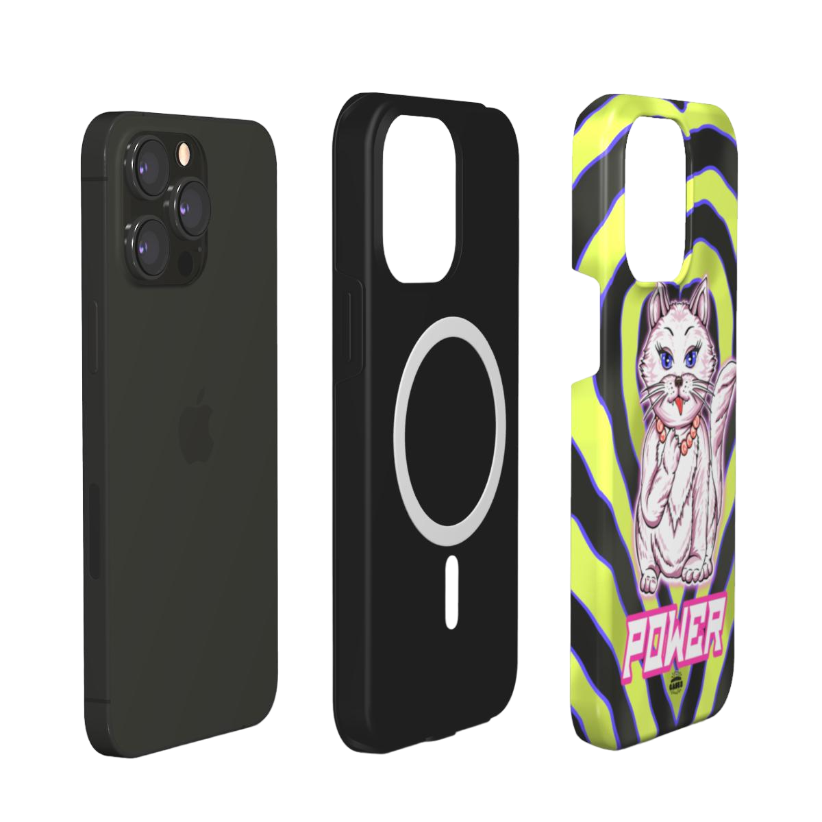 iphone magsafe case of animated white cat licking her paws, layered view