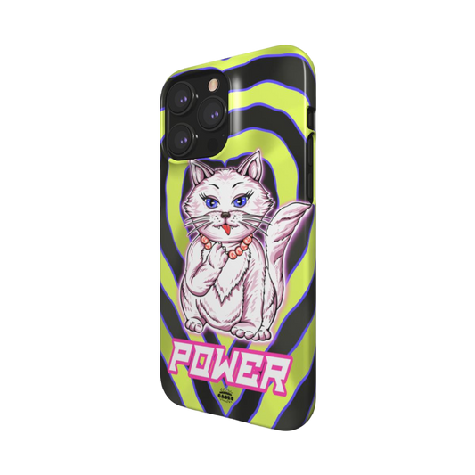 iphone snap case of animated white cat licking her paws, side view