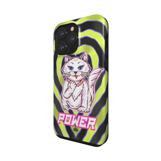 iphone tough case of animated white cat licking her paws, side view