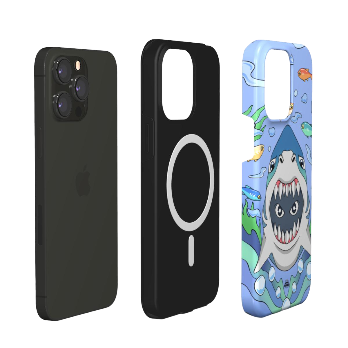 iphone magsafe case of animated shark with open jaws, layered view