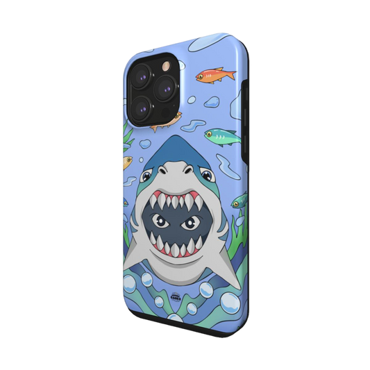 iphone tough case of animated shark with open jaws, side view