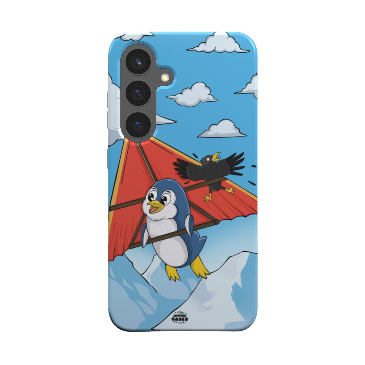 samsung tough case of animated penguin trying to paraglide down the mountain, back view