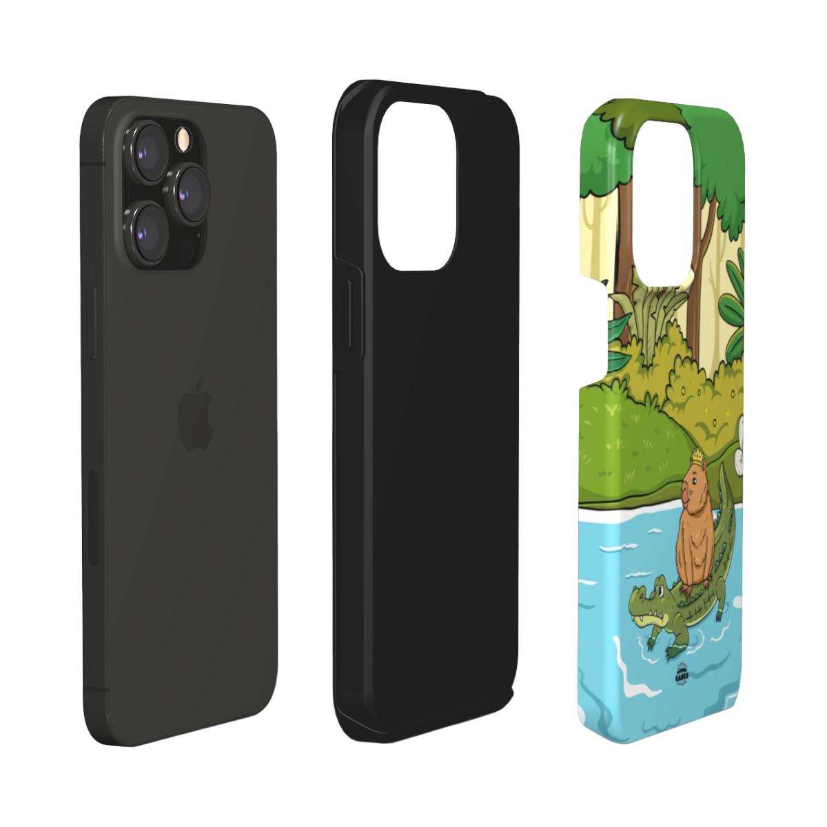 iphone tough case of animated capybara riding through river on a crocodiles back and wearing a crown, layered view