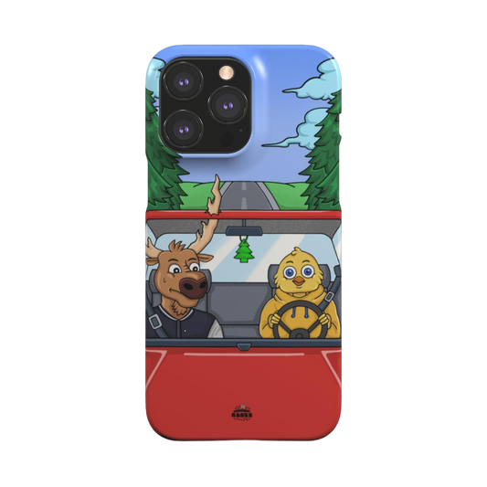 iphone snap case of animated moose teaching a young chick how to drive, back view
