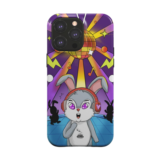iphone magsafe case of animated bunny wearing headphones at the silent disco, back view
