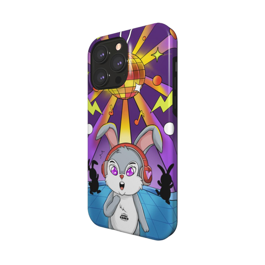 iphone magsafe case of animated  bunny wearing headphones at the silent disco, side view

