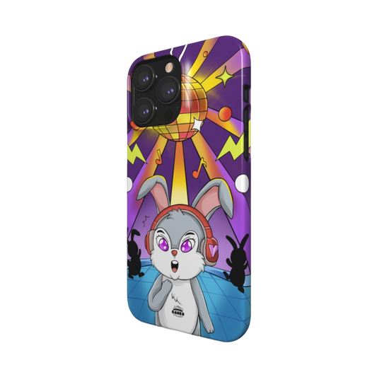 iphone snap case of animated  bunny wearing headphones at the silent disco, side view
