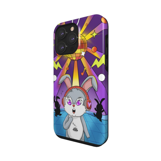 iphone tough case of animated  bunny wearing headphones at the silent disco, side view
