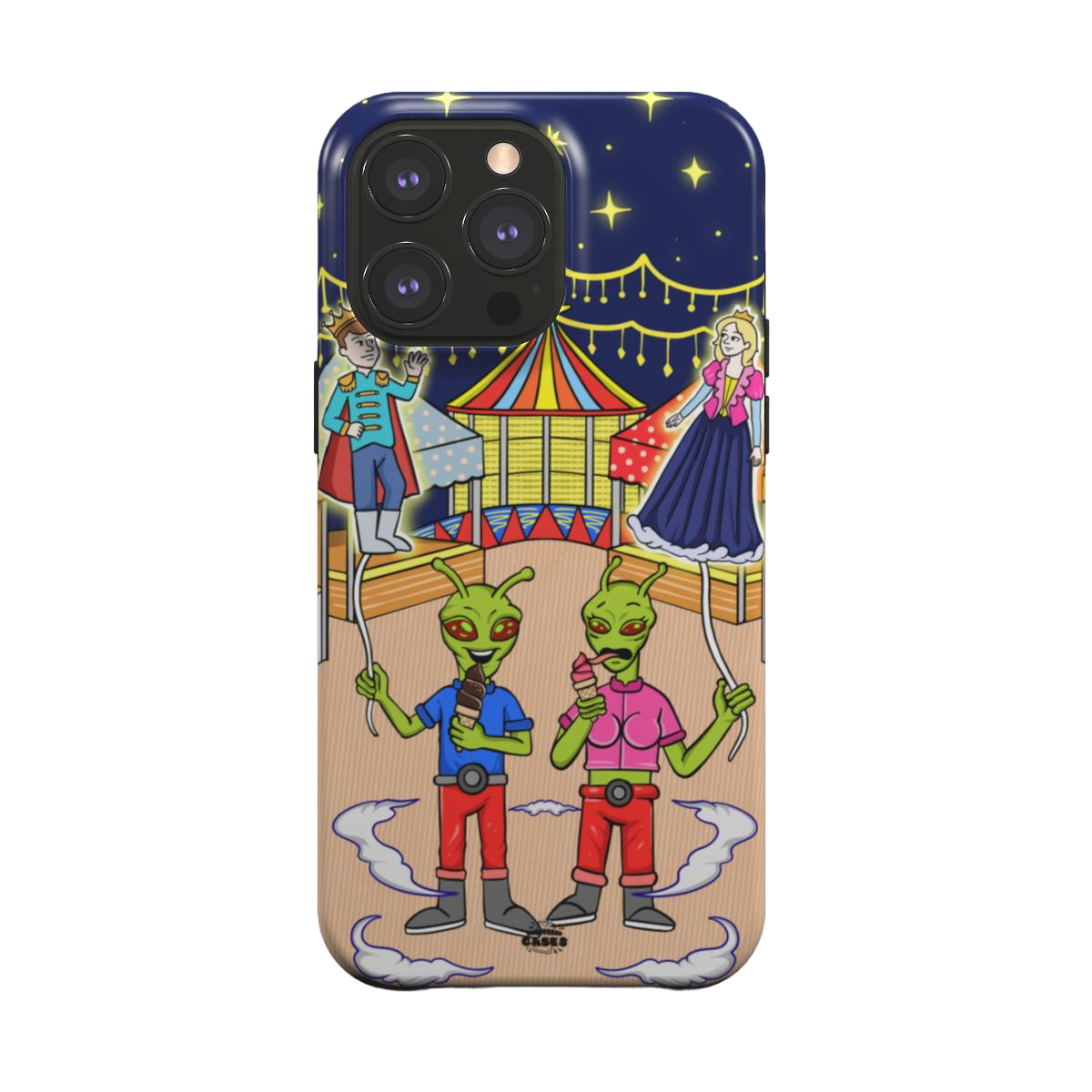 iphone magsafe case of animated aliens eating ice cream and holding princess and prince shaped balloons, back view
