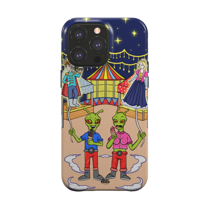 iphone magsafe case of animated aliens eating ice cream and holding princess and prince shaped balloons, back view
