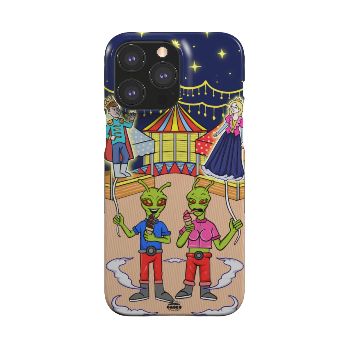 iphone snap case of animated aliens eating ice cream and holding princess and prince shaped balloons, back view
