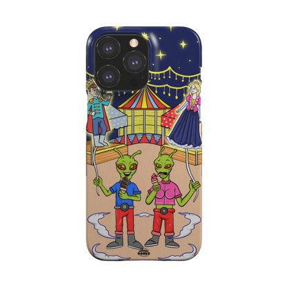 iphone snap case of animated aliens eating ice cream and holding princess and prince shaped balloons, back view
