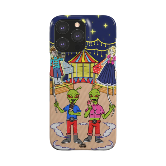 iphone snap case of animated aliens eating ice cream and holding princess and prince shaped balloons, back view
