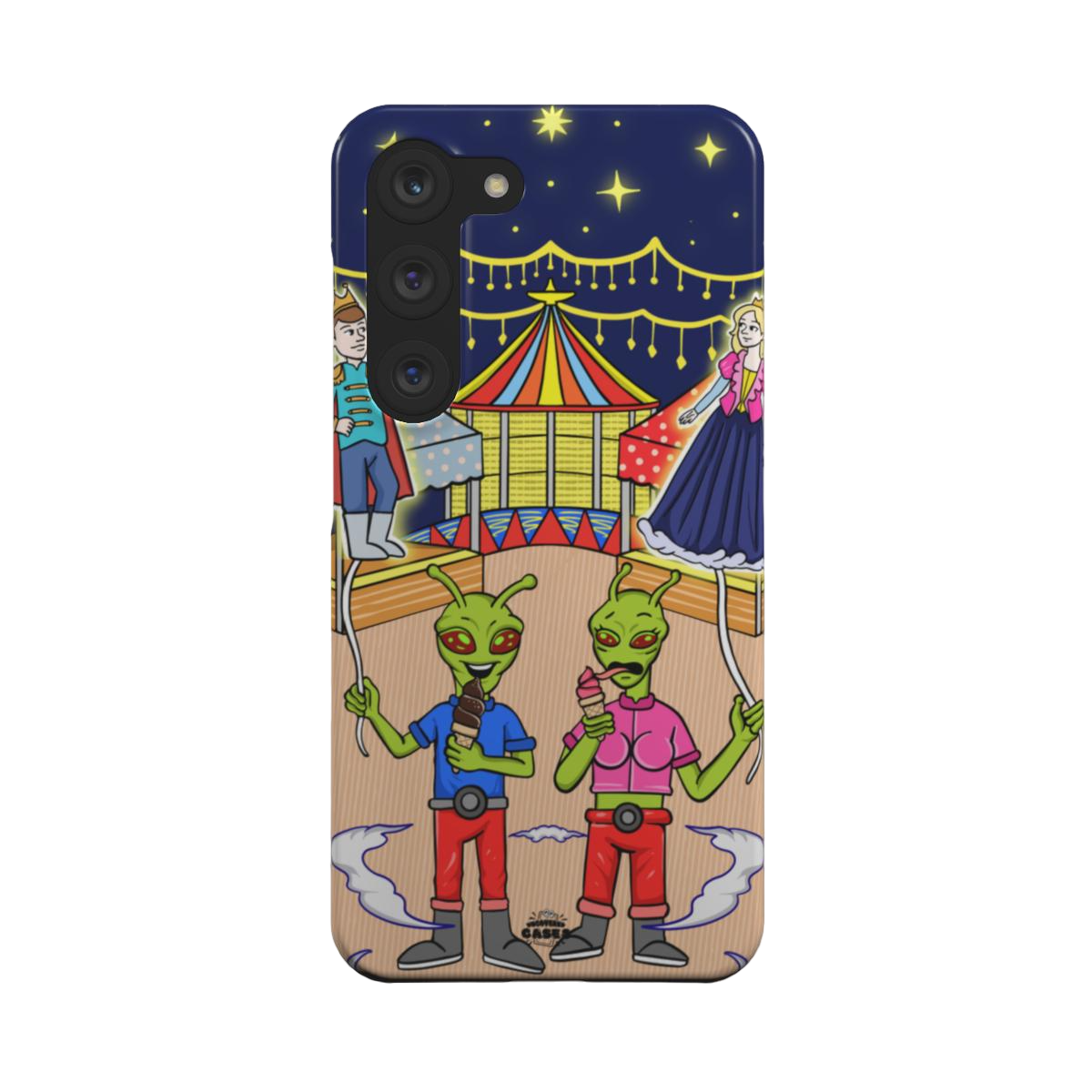 samsung snap case of animated aliens eating ice cream and holding princess and prince shaped balloons, back view
