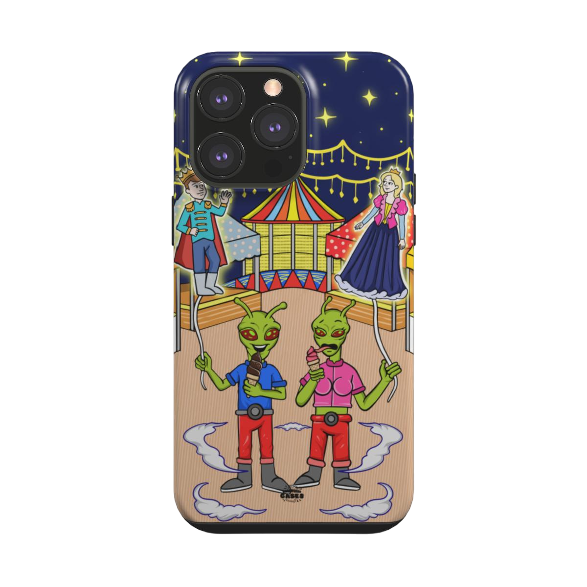 iphone tough case of animated aliens eating ice cream and holding princess and prince shaped balloons, back view
