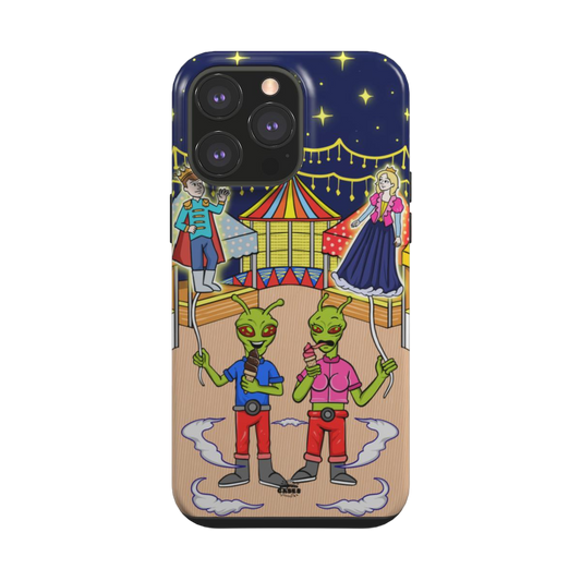 iphone tough case of animated aliens eating ice cream and holding princess and prince shaped balloons, back view
