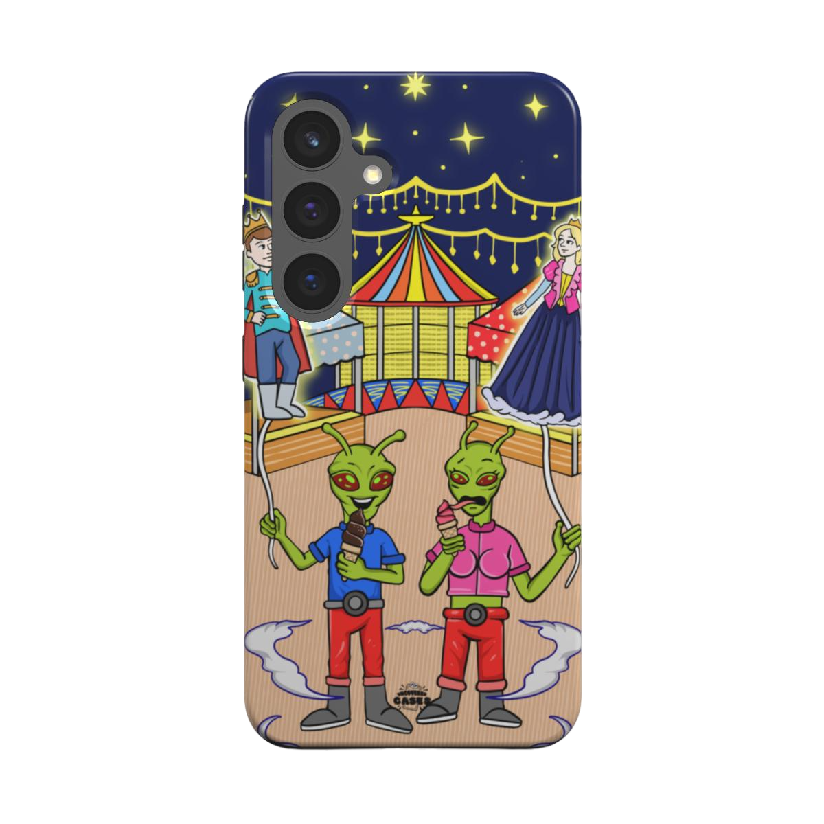 samsung tough case of animated aliens eating ice cream and holding princess and prince shaped balloons, back view
