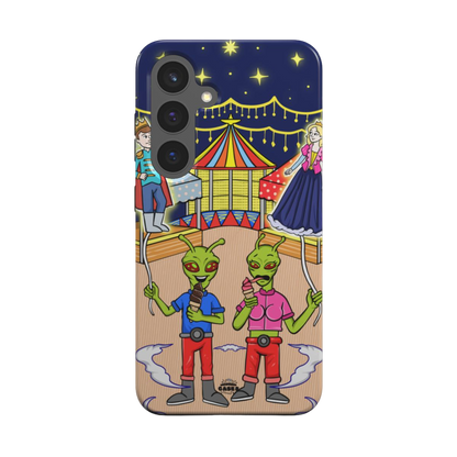 samsung tough case of animated aliens eating ice cream and holding princess and prince shaped balloons, back view
