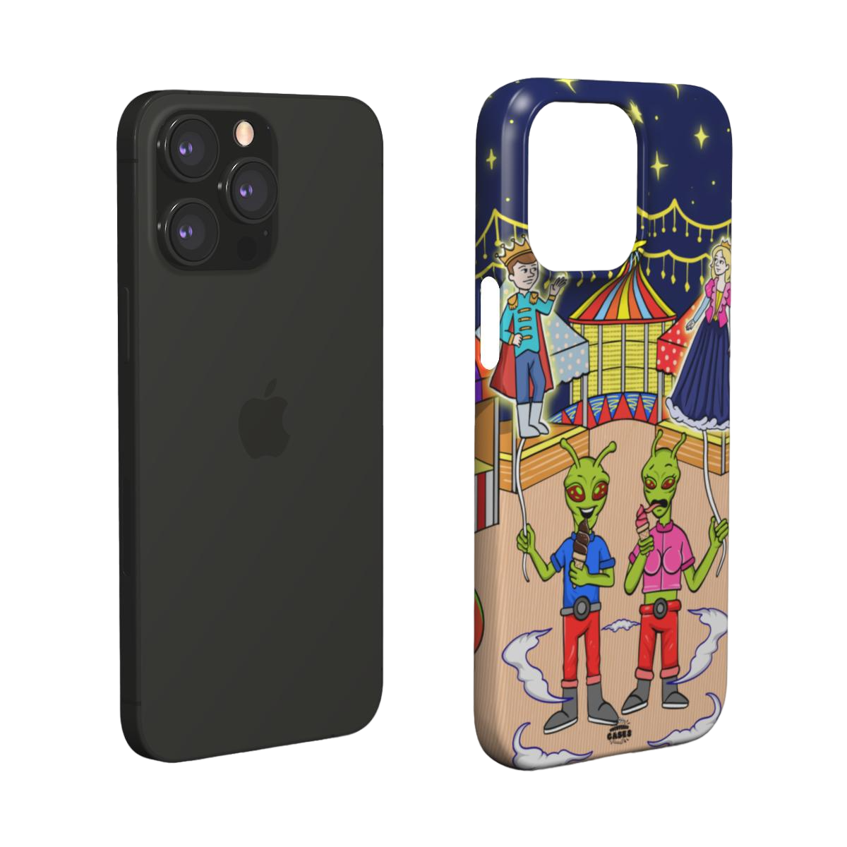 iphone snap case of animated aliens eating ice cream and holding princess and prince shaped balloons, layered view
