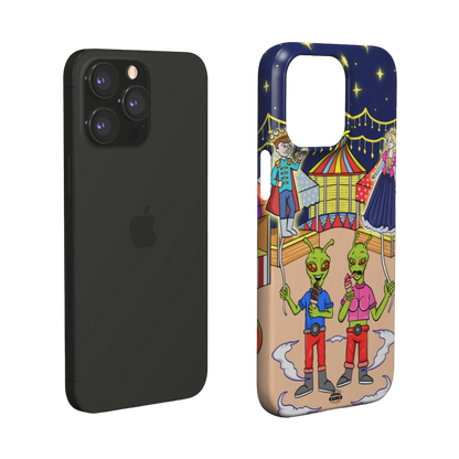 iphone snap case of animated aliens eating ice cream and holding princess and prince shaped balloons, layered view
