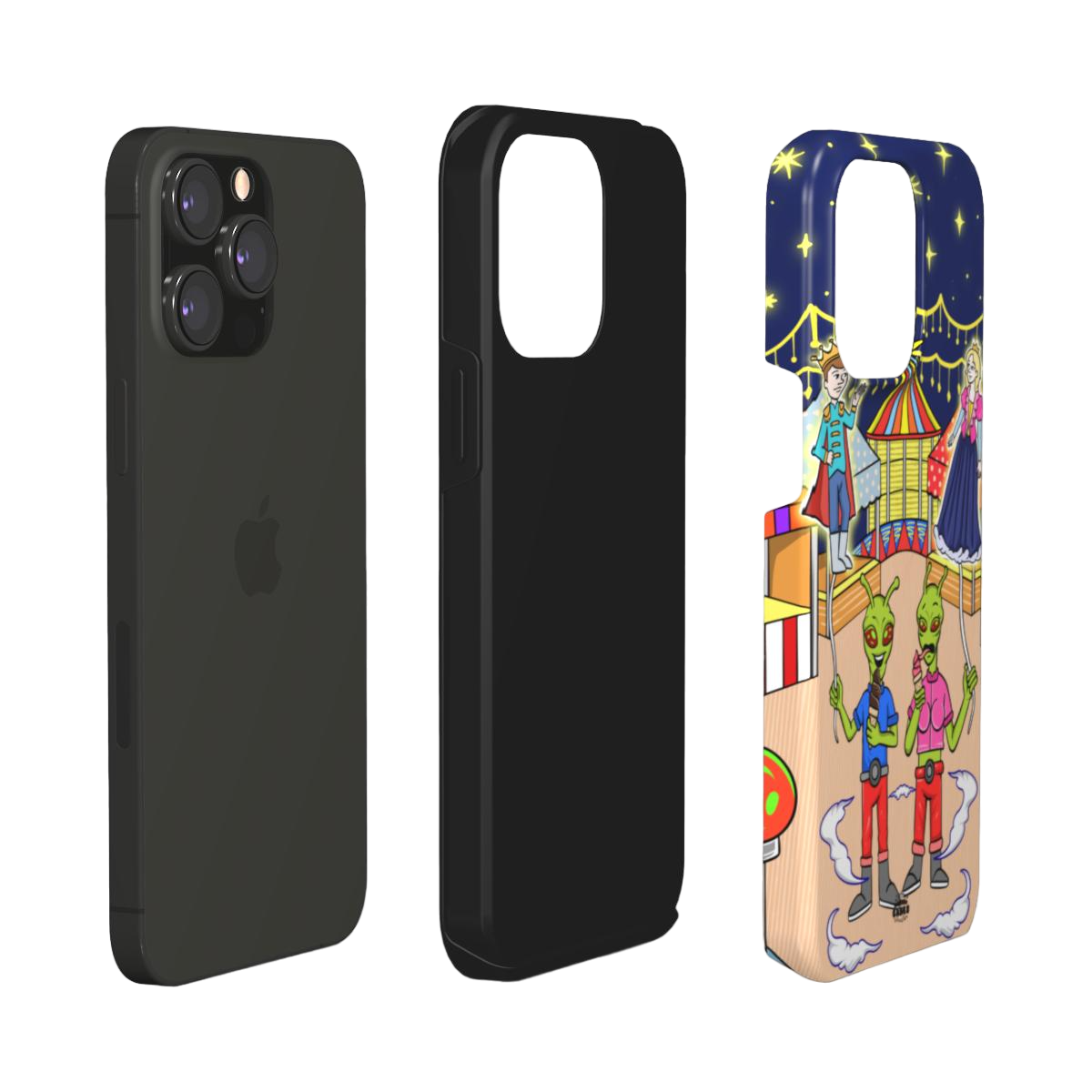 iphone tough case of animated aliens eating ice cream and holding princess and prince shaped balloons, layered view
