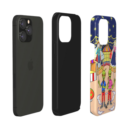 iphone tough case of animated aliens eating ice cream and holding princess and prince shaped balloons, layered view
