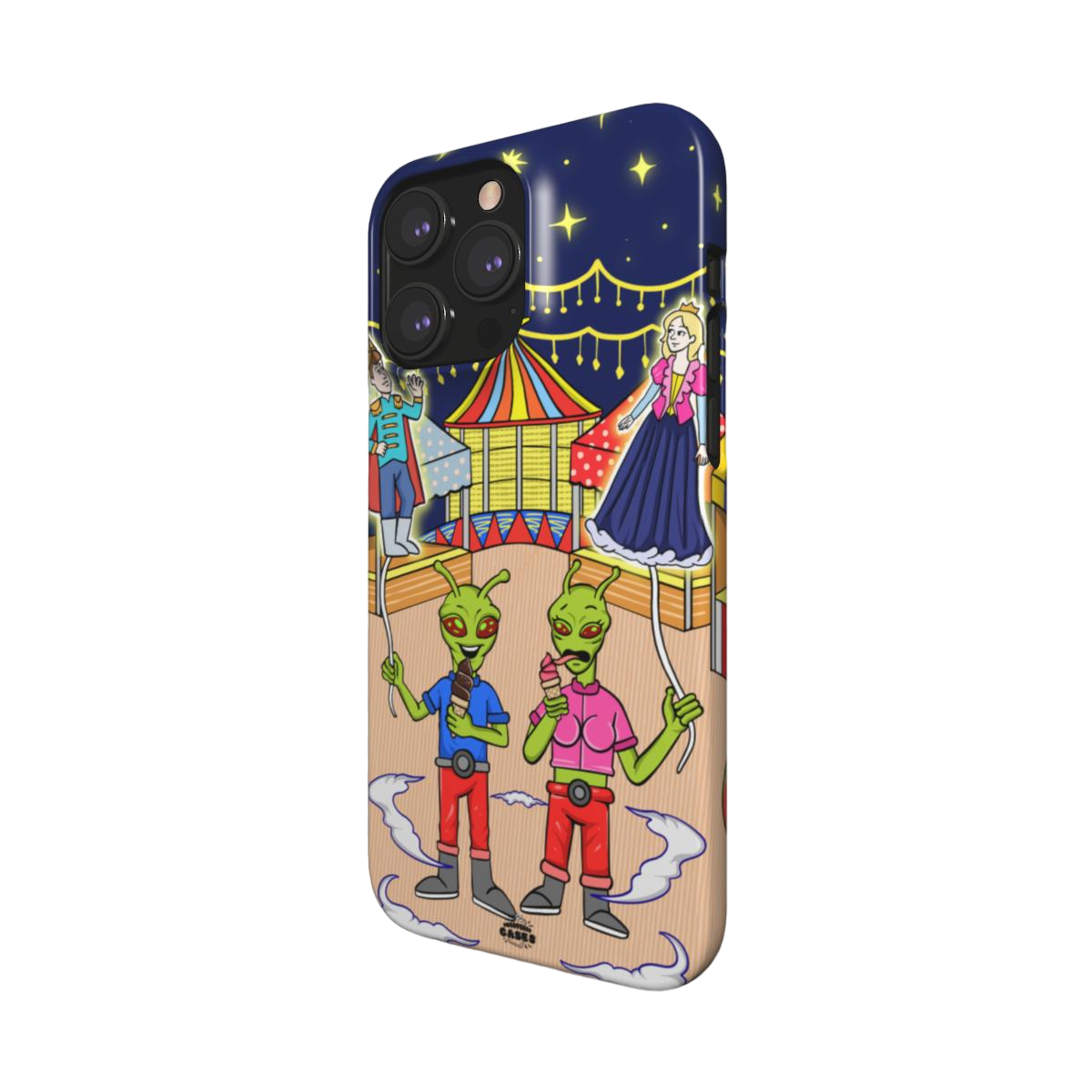 iphone snap case of animated aliens eating ice cream and holding princess and prince shaped balloons, side view
