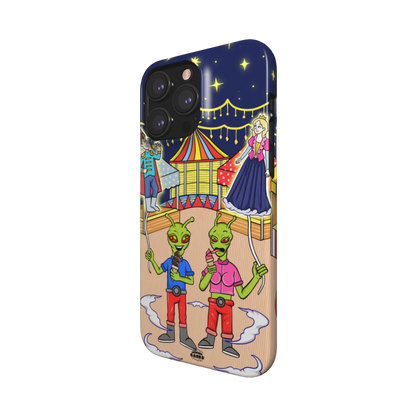 iphone snap case of animated aliens eating ice cream and holding princess and prince shaped balloons, side view
