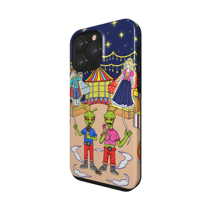 iphone snap case of animated aliens eating ice cream and holding princess and prince shaped balloons, side view
