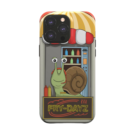 iphone magsafe case of animated snail working at a fast food drive through window, back view
