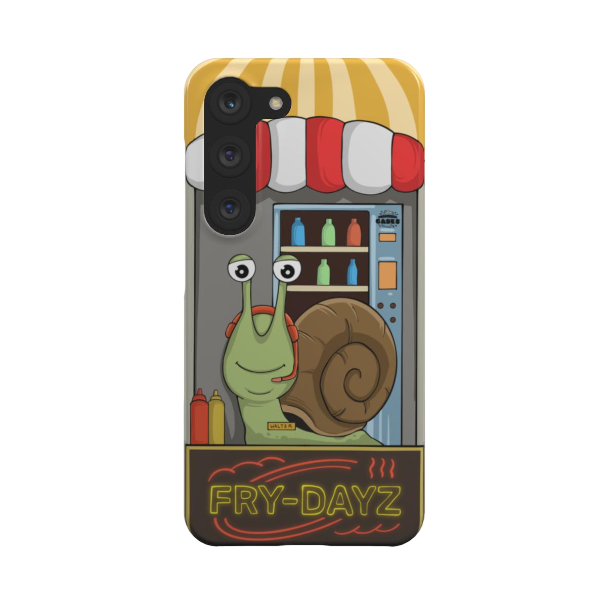 samsung snap case of animated snail working at a fast food drive through window, back view
