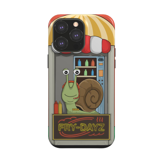 iphone tough case of animated snail working at a fast food drive through window, back view
